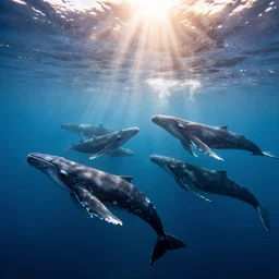 a pod of 12 whales underwater, the sun shines through the water, highly detailed, ultra realistic