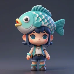 a digital painting of a girl with a fish on her head, chibi, by antonio mello, 3 d nft, nendoroid 3 d, cyberpunk artm, cgsociety, seapunk, anime aesthetic, rendered in maya