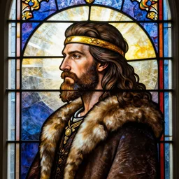 stained glass window, detailed side - view portrait of a confident man, long hair, full beard, golden headband, fur coat, masterful, backlit by jackson pollock
