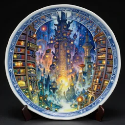 Bladerunner 2049, steampunk city, magic library, carving on southern ice porcelain , overdetailed art, by greg rutkowski, by Alfons Mucha, complementing colors, colorful lights, fireflies, detailed illustration, octane render, smoky
