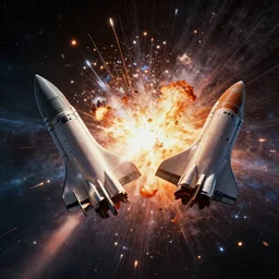 Two spaceships crash into eachother and explode in space, award winning, trending on artstation, unreal engine