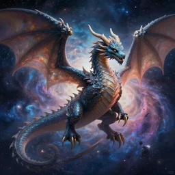dragon in space, absorbing the energy of galaxies to create his metaverse, soft light, realism, maximum detail, high quality, good study of style, depth of field, focus, painting classicism and abstractionism