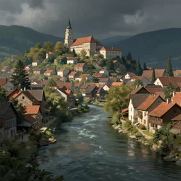 nice little town with a river passing through, contrast, deep focus, turnaround, highly detailed, dramatic lighting, digital painting, artstation, concept art, matte, sharp focus, greg rutkowski, illustration.
