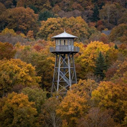 firewatch tower in the middle of autumn forest