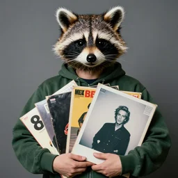 medium shot, photo of a person in a detailed hyperrealistic raccoon mask, wearing a dark green hoodie, holding a pile of vinyl records, 8 0 - s, polaroid photo, by warhol,