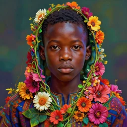 colourful vfx art - portrait of nigerian boy wrapped in flowers & vines, art by hsiao - ron cheng & james jean, volumetric light, colourful, sharp, detailed, digital painting, illustration, illustration, highly detailed, intricate detail, unreal engine, octae render, pinterest, behance, art station,
