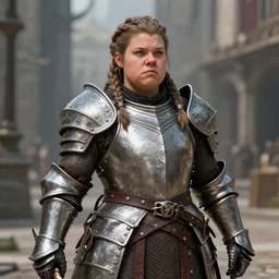 portrait, a female dwarven warrior wearing iron breastplate, dragon age, short and stocky plump figure, big nose, complex braided hair, highly detailed, sharp focus, in the city, full rendered, trending on artstation by john willian waterhouse, greg staples