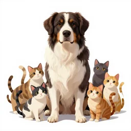 big dog surrounded by small cats, extremely detailed, sharp focus, wide view, full body shot, smooth, digital illustration, by james jean, by rossdraws, frank franzzeta, mcbess, sakimichan, brosmind, steve simpson
