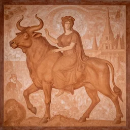 fantastic socialist realism fresco : : terracotta tones : : fantasy art scene : : timeless masterpiece : : learned philosophess she - minotaur, cow horns and ears : : background greek spire