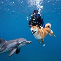 a shiba inu scuba diving among the dolphins
