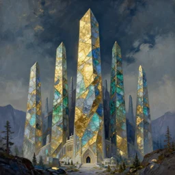 labradorite towers in the evermoon valley are the magnum opus of elven architecture. gouache and gold leaf by the award - winning concept artist