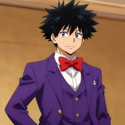 a guy with black hair, wears a comedian purple suit and a red bowtie, anime character design key visual, Official media from My Hero Academia, sharp, 4k HD