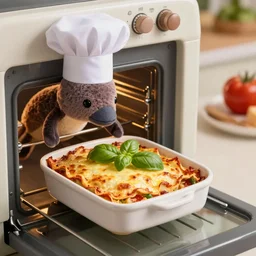 platypus wearing a chef hat while taking a lasagna into an oven, with three basil leaves over the lasagna