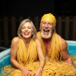 ( ellen degeneres ) and ( hulk hogan ) both covered in pasta, couple's photo, 4 k, 8 k, spaghetti noodles, kiddie pool, iso 6 0 0, laughing, smiling, puking
