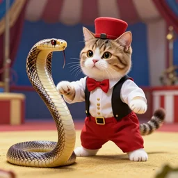 a cat wearing clawn clothes playing with a cobra snake in the circus HD photo superrealism 3d 8k resolution