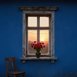 a old house window with a vase of red flowers with view to a sunrise, blue wall, a wooden chair near the window, concept art, octane render, unreal engine 5, trending on deviantart, highly detailed, high quality, hd, digital painting, masterpiece, geometric, symmetrical, low contrast, beautiful, high coherence, natural lighting, intense lighting