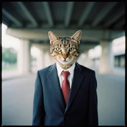 medium format film portrait of a homeless anthropomorphic cat wearing a suit under a bridge, hasselblad film bokeh, unsplash, soft light photographed on colour expired film