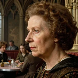 closeup profile medieval jan van eyck face portrait of margaret thatcher in a 1 9 5 0 s diner, nicoletta ceccoli, mark ryden, lostfish, hyung tae, frank frazetta, depth of field, detailed and intricate gothic environment, 8 k resolution, hyperrealistic, octane render
