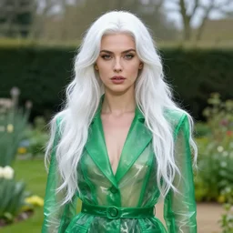 portrait of a woman wearing shiny green transparent leather suit in an english garden, english face, refined features, moon goddess, long snow - white hair by jean gerome, edward hopper and james jean, hyper detail, 8 k, high resolution, ultra detailed