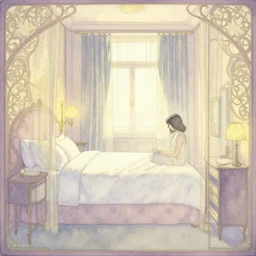 a lonely girl in a liminal hotel room, watercolor by leon battista alberti, limited color palette, very intricate, art nouveau, highly detailed, lights by hopper, soft pastel colors, minimalist