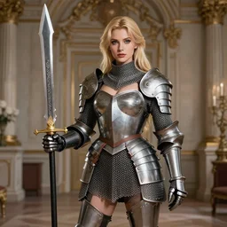 a well - endowed lady knight clad in chainmill armor that accentuates her figure, holding a sizable claymore and standing by for commands in a baroque hall, cute, blonde, photorealistic digital art, key visual, digital artwork, portrait