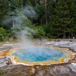 a photo of a chromatic hot spring nestled in a forest