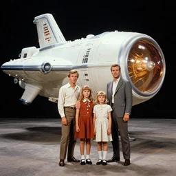 highly detailed, 268435456k film, 4200mm film still from a sci fi blockbuster color movie made in 1990, set in 1960, of a family standing in front of a plastic toy-like spaceship that has just landed on an alien planet, the family are all wearing 1960s era clothes, good lighting, good photography, ultra high definition