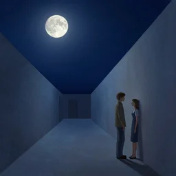 a beautiful picture of silent night sky, bright moonlight, empty corridor, two people looking at each other, by greg rutkowski and thomas kinkade, trending on artstation