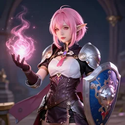 a beautiful half elf with short pink hair using healing magic, wearing armor and a shield in one hand