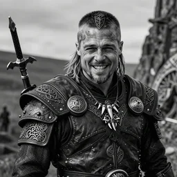 a cinematic view of wide bw photo from a very ornated old rasputin mixed with brad pitt viking, shaved haircut, showing celtic tattoos in the head, using leather armour with necklace of teeth, naughty expression, photorealistic, volummetric light, depth of field, detailed, texturized, zeiss lens high professional mode