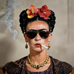 raccoon with cigarette in mouth, smoking, sunglasses portrait by Frida Kahlo