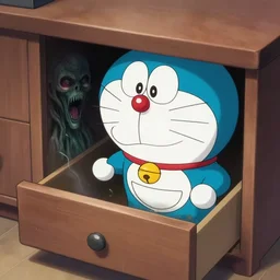 Doraemon as a lovecraftian eldritch horror, emerging from a drawer