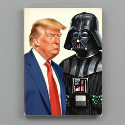a romance novel cover from 1 9 8 3, paperback, drawing, trump and darth vader on the cover, romantic
