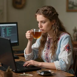 highly detailed matte painting of russian girl drinking tea while programming, realistic,