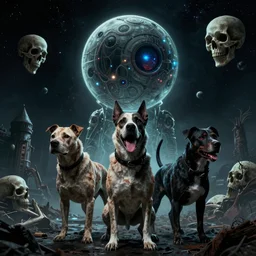 killer dogs from outer space horror movie poster, skulls, space