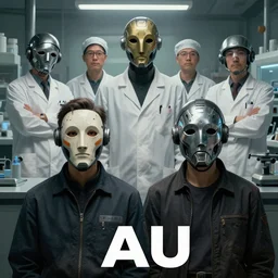 The two TAU operators and the four technicians in the laboratory, character art, concept art, character design, sci-fi, mask, helmet, cinematic composition, hyper detailed, matte painting, poster, portrait, Bayard Wu, Greg Rutkowski, Cedric Peyravernay, Anato Finnstark, artstation, 8k