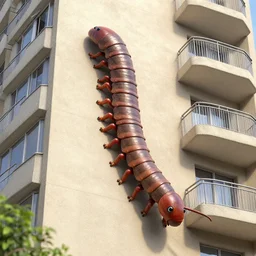 a monstrous centipede, crawling up the side of an apartment block
