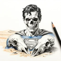 black pen sketch of a superman zombie skull, the desert is in color pencil, elephant skull, pencil, intermediate art, paper art, pencil, bold lines, humans with apocalypse clothes on in the background, by a oil painter