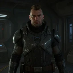 low light settings. hank hill as commander shepard alone within the ssv normandy in the videogame mass effect 2. mid - conversation portrait. dim spaceship interior bg behind him. cutscene. hd.
