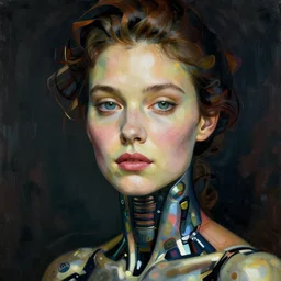 extremely detailed, intricate photo realistic portrait beautiful female android, art by egon schiele,