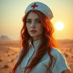 portrait of a nurse with long red hair green eyes, blazing sun, in a huge desert, fantasy by emile friant