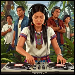 highly detailed portrait of a an indigenous ecuadorian huaorani young woman with headphones deejing with technics turntables in the jungle in gta v, loish, rhads. poster art by stephen bliss, unreal engine, greg rutkowski, ferdinand knab, makoto shinkai and lois van