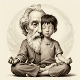 half face wise old man, half face young boy, meditation, photorealistic, intricate, elegant, hamingway.