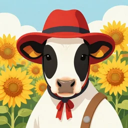 head portrait of southern belle cow wearing a red farmers hat, surrounded by sunflowers outside in a field, 4k, illustration