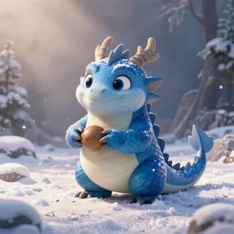 HD, 3d render, style of Zootopia, chubby female dragon , blue scales. playing in the snow