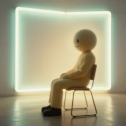 realistic photo of a a blurred unknown mascot person sitting on the chair, side view, empty glowing neon room, emitting neon soft blurry aura radiation 1 9 6 0, life magazine photo, natural colors, metropolitan museum, kodak, 8 k, very detailed, high resolution, product photo,