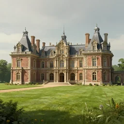 matte painting of a countryside landscape of a noble estate with xix century manor. fantastical, elegant, intricate elaborate, brown brick, opulent, archways, columns, balcony, towers, verdant lawn. sharp focus, smooth detailed digital art trending in artstation