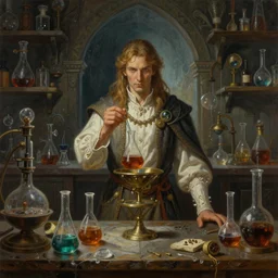 a highly detailed painting of a fantasy male alchemist in a dimly lit medieval lab, art by artgerm, karol bak and mark brooks, centered, symmetrical, aesthetically pleasing