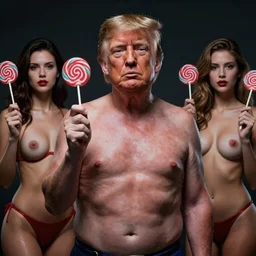 Donald Trump with lollipop ladies body, realistic artstyle, wide shot, dramatic lighting, octane render, hyperrealistic, high quality, highly detailed, HD, beautiful, cinematic, 8k, unreal engine, facial accuracy, symmetrical