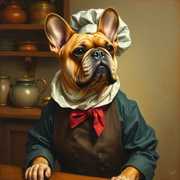 historic painting of a french bulldog chef